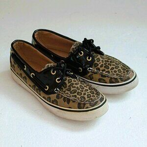 Sperry Women's Topsiders  Boat Shoes 6 Leopard Canvas Black Patent Leather Trim